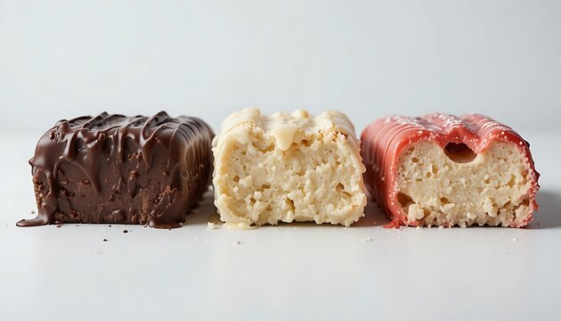 Three rectangular snack bars coated in dark chocolate, white chocolate, and pink icing arranged side by side on a plain white surface with visible interior texture