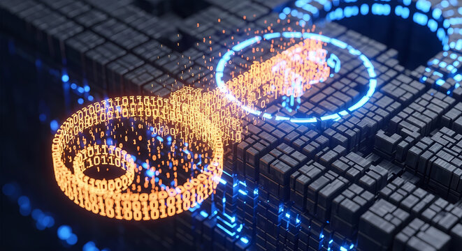 Secure digital access concept glowing binary code keys interact with a futuristic data network grid, representing robust cybersecurity and information protection