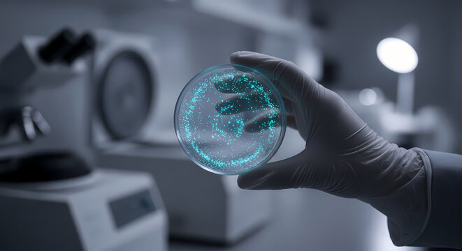 Scientist holding a petri dish with glowing microorganisms, representing scientific research and discovery in a laboratory setting