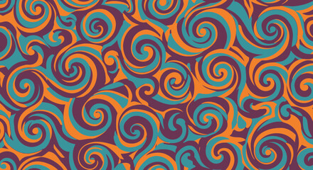 Obraz premium Vibrant Swirl Pattern: Retro Abstract Background in Teal, Orange, and Purple