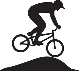 Naklejka premium Offroad mountain biker jumping over a hill silhouette in solid style on a on white background