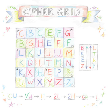 Hand drawn cipher grid puzzle with letters and codes.
