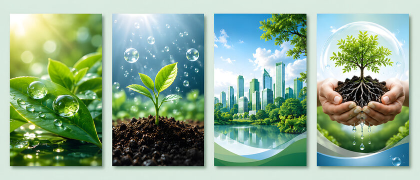 Vibrant green nature and environmental concepts, a collection of four vertical banner images. Lush plant growth, a seedling in soil, a green city skyline, and hands holding a tree