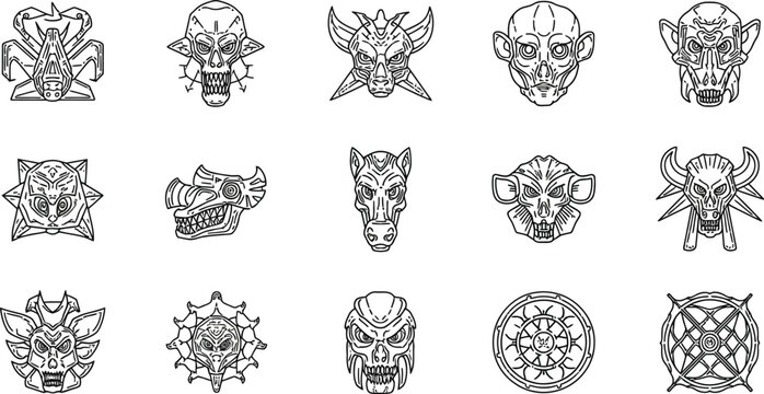 Collection of stylized monster and alien head icons intricate line art design for gaming and fantasy projects isolated on white background