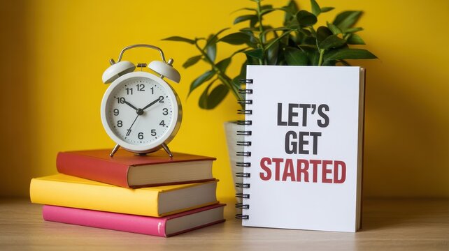 Let's Get Started Motivational Message on a Spiral Notebook with Alarm Clock and Books on a Yellow Background