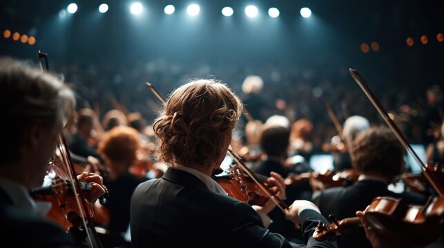 Symphony Orchestra Musicians Performing Live Concert on Stage with Dramatic Lighting and Audience Background