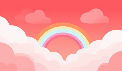 Fototapeta premium Cute cartoon background with cloud and rainbow, pink sky and soft pastel cloud scene