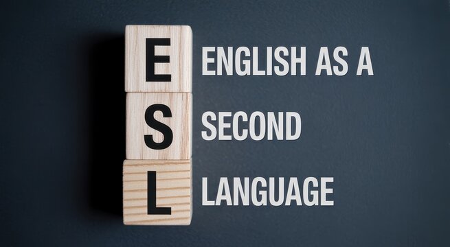 ESL acronym concept for English as a Second Language on wooden blocks over dark background.