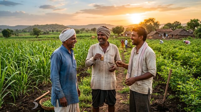 Happy Indian Farmers Talking In Golden Sunset Field