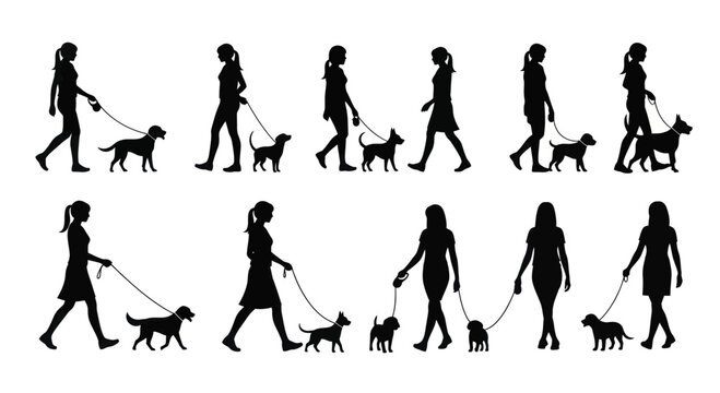 Silhouettes of Women Walking Dogs on Leashes.