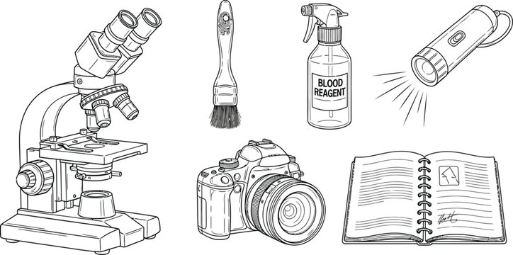 Collection of forensic science investigation tools including a microscope camera and blood reagent spray for crime scene analysis and evidence gathering