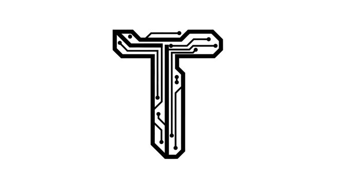 A digital letter T shaped with integrated electronic circuit board patterns