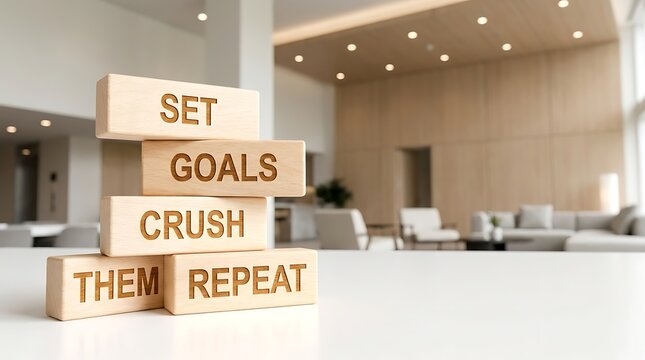 Stacked wooden blocks with motivational text set goals crush them repeat in a modern office