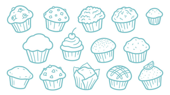 A collection of hand-drawn outline illustrations of various muffins and cupcakes, presented on a white background.