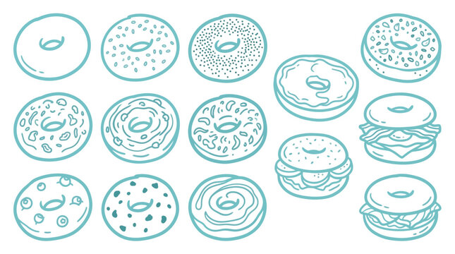 Collection of hand-drawn bagels and bagel sandwiches in a simple line art style.