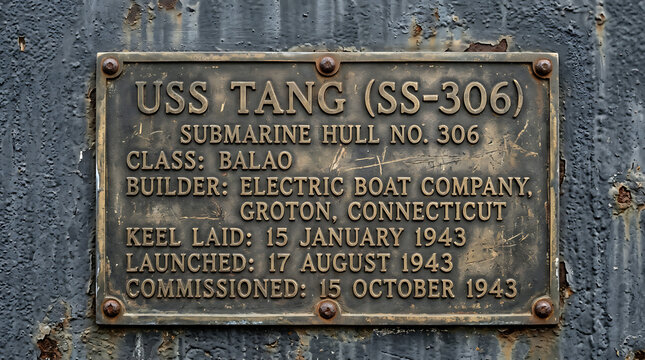 USS Tang SS 306 Submarine Identification Plate Showing Hull Number and Construction Details