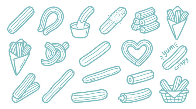 Collection of hand-drawn churros in various shapes and forms, including dipping sauce and packaging.