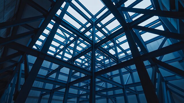 Modern steel framework structure with geometric architecture and blue sky background