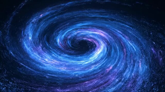 Abstract cosmic spiral vortex with glowing blue and purple nebulous light, swirling celestial dust around a dark center, cinematic deep space background with starlight and energy.