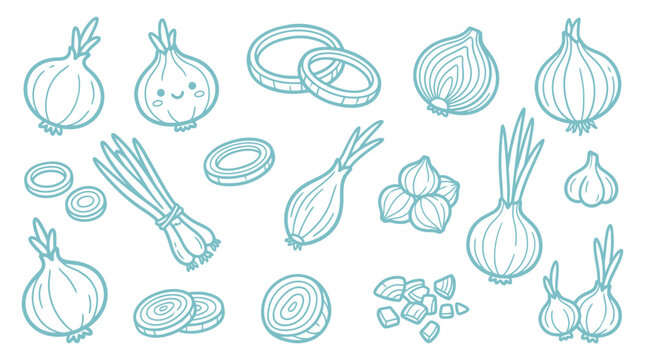 Collection of cute hand-drawn onion and garlic illustrations in a simple line art style.