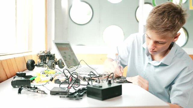 Caucasian boy fixing main board while study construction by using laptop analysis data. Young technician repairing and learning about using industrial structure at STEM technology class. Edification