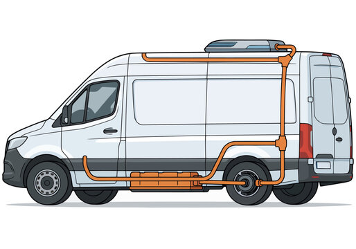 A white electric van showcases concurrent power distribution for a roof cooling unit and wheel motor drive. Modern logistics branding highlights a clean, professional design.