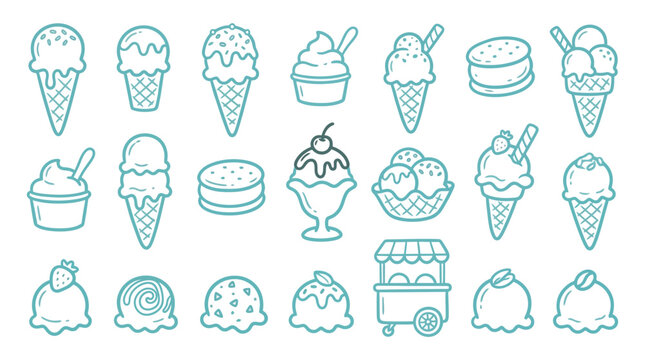 Collection of stylized ice cream icons in various forms, including cones, cups, and sandwiches, with decorative elements like cherries and sprinkles.