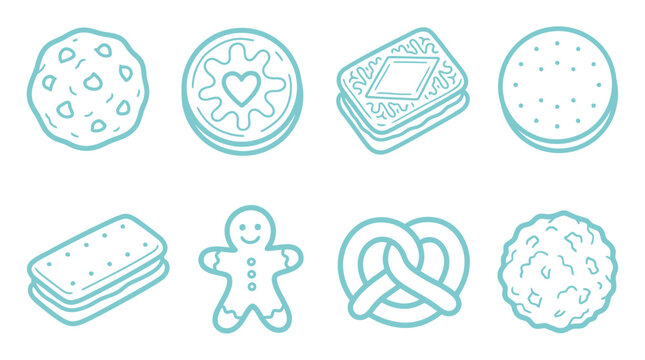 Collection of eight different types of cookies and biscuits in a simple line art style.