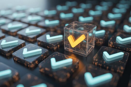 Conceptual 3D illustration of a highlighted golden checkmark inside a transparent cube among blue light checkmarks