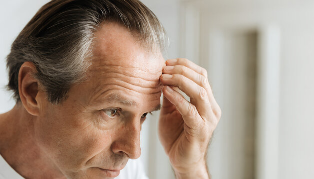 Concerned man scrutinizing his thinning hair and forehead lines, reflecting on the signs of aging and male pattern baldness
