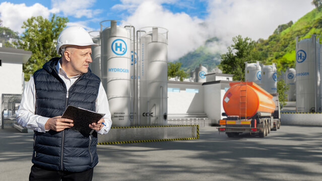 Hydrogen production plant. Engineer in hard hat inspects hydrogen storage facility and fuel transport infrastructure at clean energy industrial site.