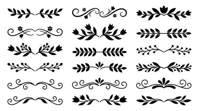 Collection of elegant black floral swirl design elements and leafy branch borders