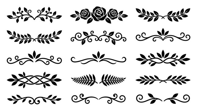 Collection of black floral and leafy decorative borders and swirls