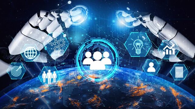 Futuristic Artificial Intelligence and Human Collaboration Concept with Robotic Hands and Digital Symbols Representing Global Communication and Innovation. Entropy.
