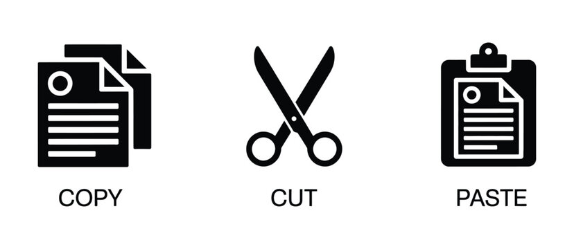 Copy Cut Paste Icons, minimalist vector symbols, document scissors and clipboard editing tools, black office interface design set.