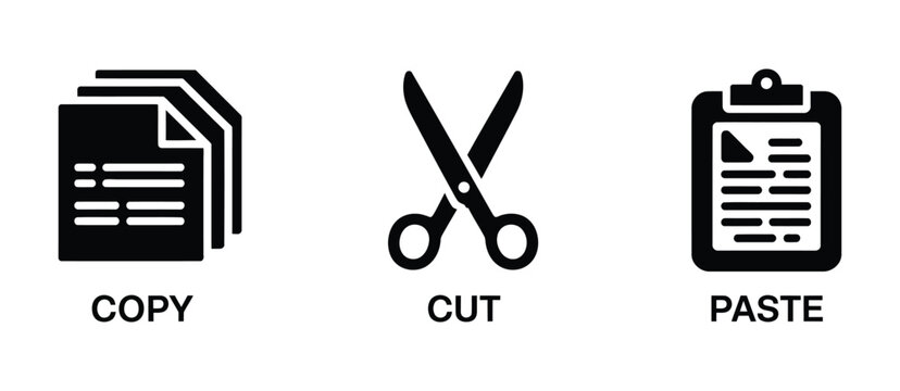 Copy Cut Paste Icons, minimalist vector symbols, document scissors and clipboard editing tools, black office interface design set.