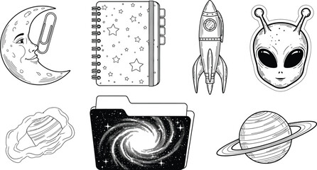 Whimsical doodle icons featuring a crescent moon with a face a starry notebook a retro rocket ship an alien head a nebula a galaxy folder and Saturn perfect for creative projects © Zohaib