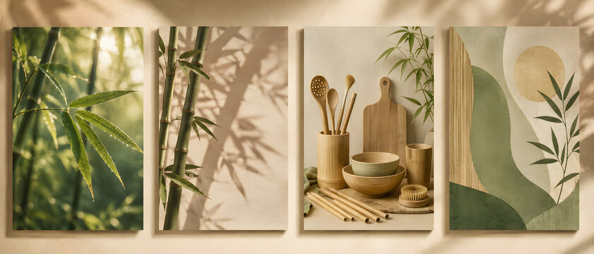 Four bamboo-themed canvas prints, a serene collection of nature-inspired wall art. Featuring lush green bamboo stalks, delicate bamboo leaf shadows