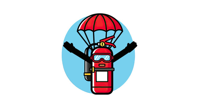 Cartoon fire extinguisher skydiving with a red parachute.
