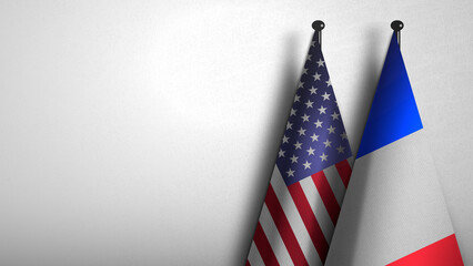 Obraz premium 3D rendering of two flag from United States and France on flagpoles with Gray background for diplomatic. bilateral relations. peace and conflict between countries. Fabric