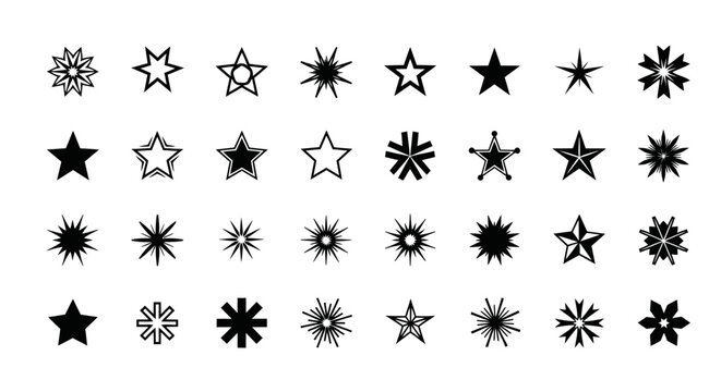 Set of diverse black star icons on white background