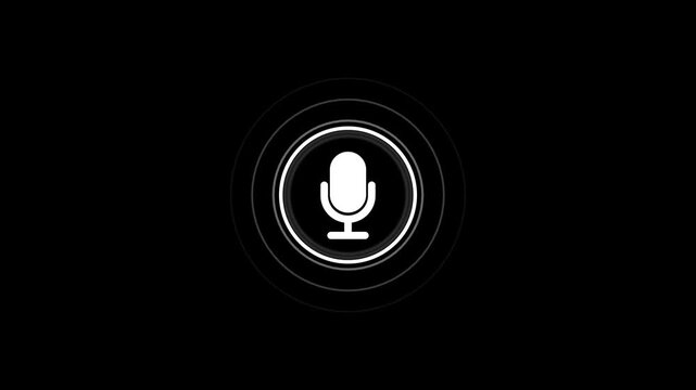 White microphone with concentric sound wave rings emanating outwards against a dark black background representing audio input or voice command activation