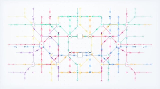 Abstract Colorful Digital Network Connection Map with Interconnected Nodes and Data Flow Lines on White Background