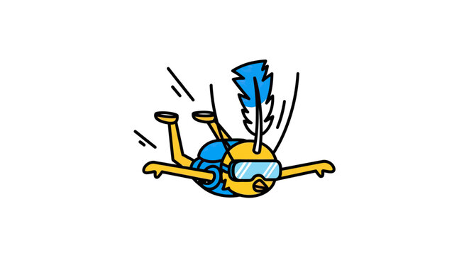 Cartoon yellow bird character skydiving with goggles and feather.