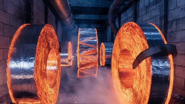 Medium shot of batch furnace processing aluminum sheet coils glowing intensely as heat softens metal surfaces during annealing for improved flexibility and stress relief.