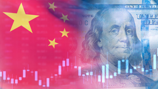 Financial market. Chinese and United States economic relations illustrated with yuan influence, dollar currency and stock exchange trading chart.