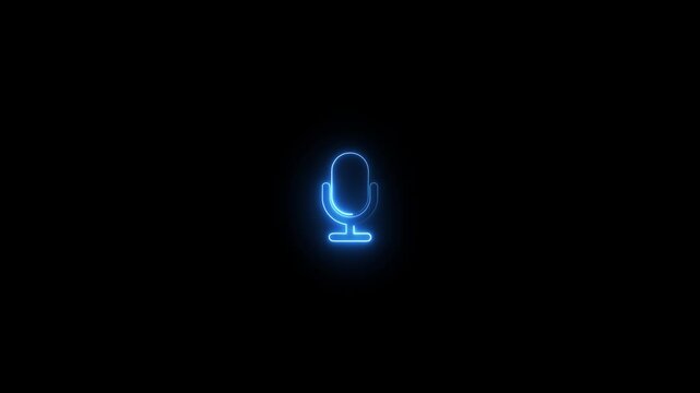 A minimalist glowing blue neon outline of a vintage microphone stands centered against a stark black background creating a simple yet impactful representation of audio recording or broadcasting