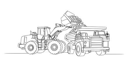 Heavy Construction Loader Transferring Rocks to Dump Truck, Outline Drawing © Tani