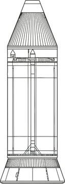 Detailed blueprint illustration of a rocket or spacecraft technical drawing for aerospace projects isolated on white background
