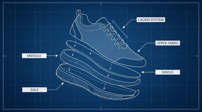 Disassembled athletic shoe components sketch in architectural style in navy blue and white colors representing industrial footwear production with copy space lacing system upper fabric insole midsole 